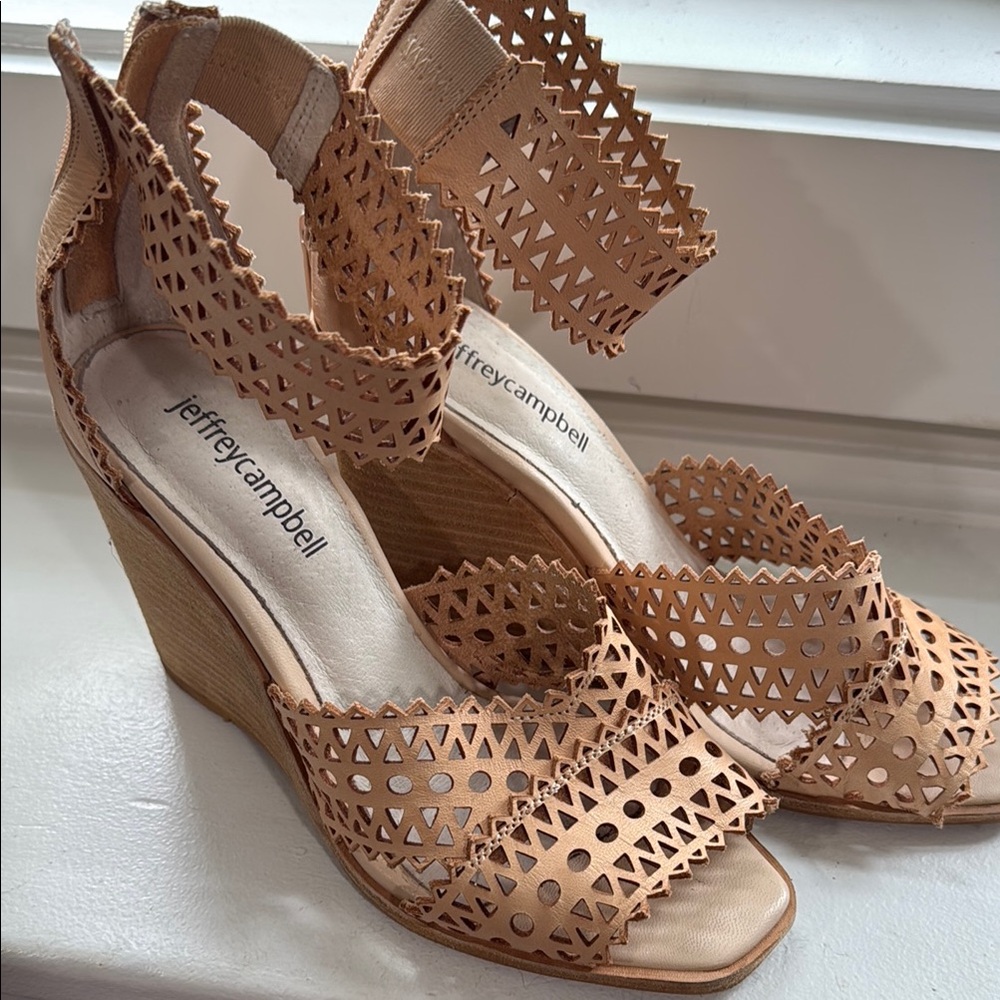 Jeffrey Campbell Tan Wedge Sandals with Laser-Cut Design